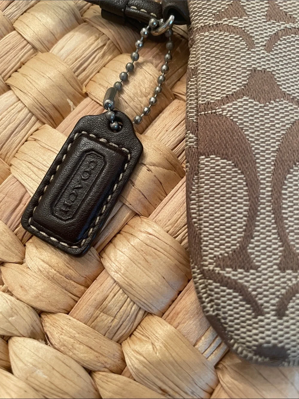 Coach Brown Signature Jacquard Wristlet with Leather Strap and Hang Tag EUC